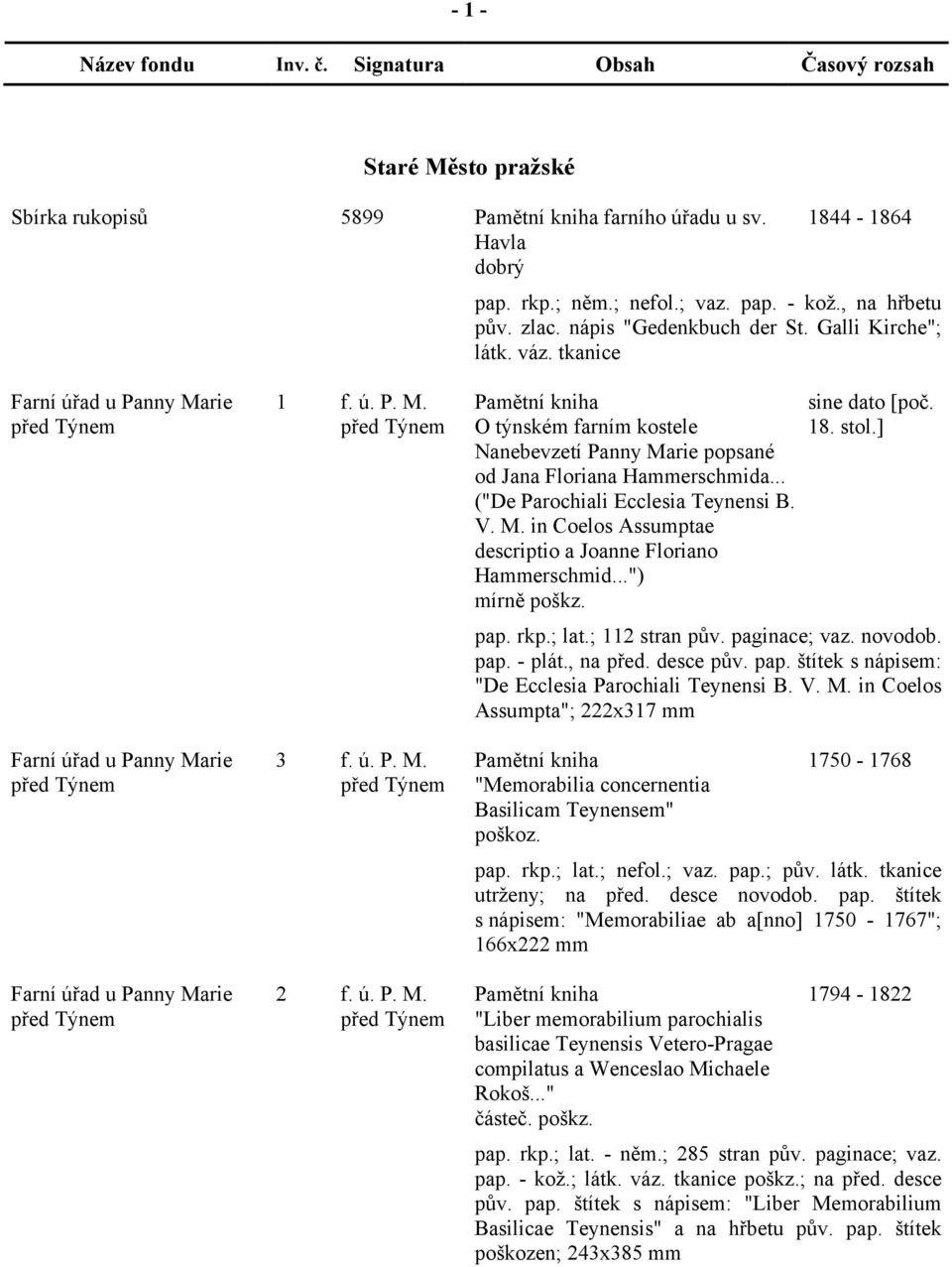 .. ("De Parochiali Ecclesia Teynensi B. V. M. in Coelos Assumptae descriptio a Joanne Floriano Hammerschmid...") mírně poškz. sine dato [poč. 18. stol.] pap. rkp.; lat.; 112 stran pův. paginace; vaz.