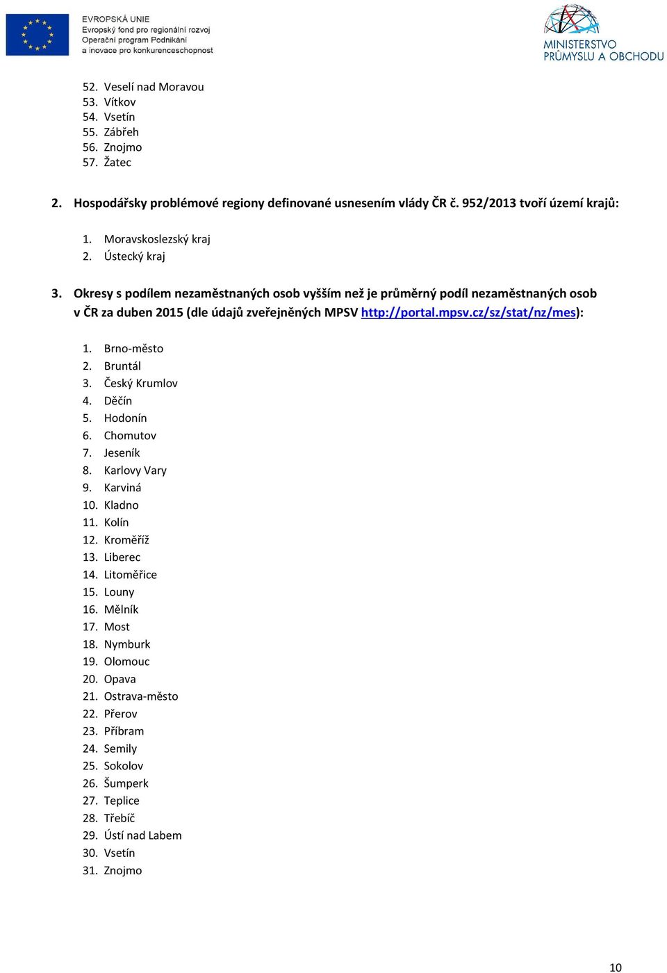 mpsv.cz/sz/stat/nz/mes): 1. Brno-město 2. Bruntál 3. Český Krumlov 4. Děčín 5. Hodonín 6. Chomutov 7. Jeseník 8. Karlovy Vary 9. Karviná 10. Kladno 11. Kolín 12. Kroměříž 13. Liberec 14.