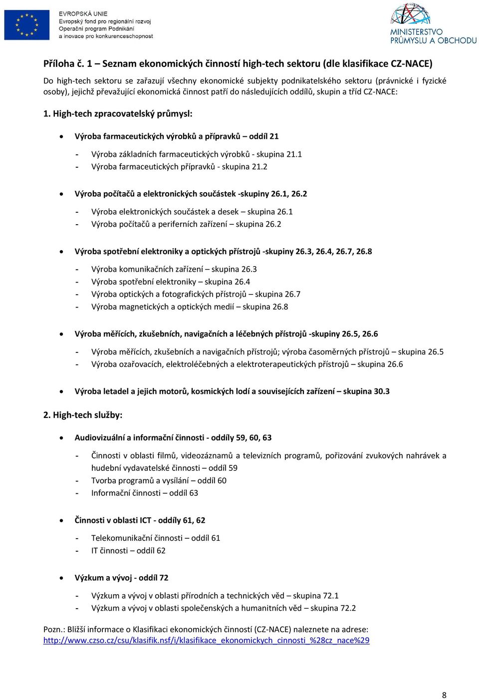 převažující ekonomická činnost patří do následujících oddílů, skupin a tříd CZ-NACE: 1.