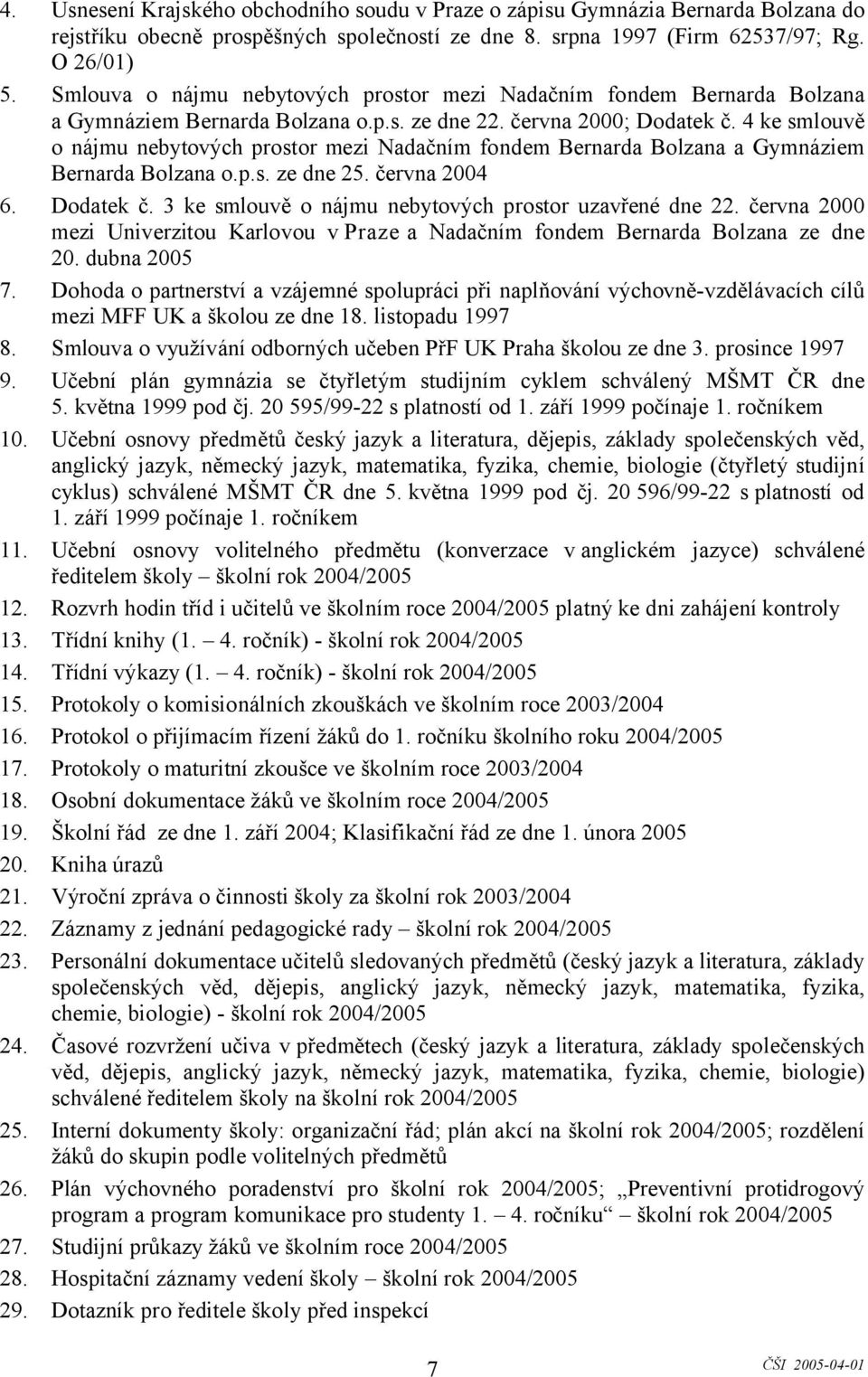 4 ke smlouvě o nájmu nebytových prostor mezi Nadačním fondem Bernarda Bolzana a Gymnáziem Bernarda Bolzana o.p.s. ze dne 25. června 2004 6. Dodatek č.