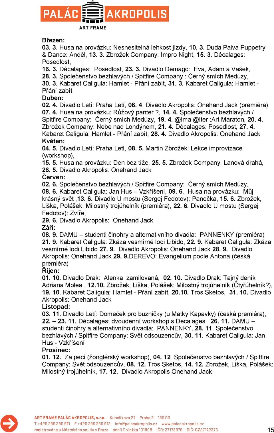 4. Divadlo Letí: Praha Letí, 06. 4. Divadlo Akropolis: Onehand Jack (premiéra) 07. 4. Husa na provázku: Růžový panter?, 14. 4. Společenstvo bezhlavých / Spitfire Company: Černý smích Medúzy, 19. 4. @lma @lter :Art Maraton, 20.