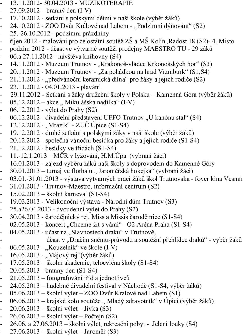 11.2012 - návštěva knihovny (S4) - 14.11.2012 - Muzeum Trutnov - Krakonoš-vládce Krkonošských hor (S3) - 20.11.2012 - Muzeum Trutnov - Za pohádkou na hrad Vízmburk (S1,S4) - 21.11.2012 - předvánoční keramická dílna pro žáky a jejich rodiče (S2) - 23.