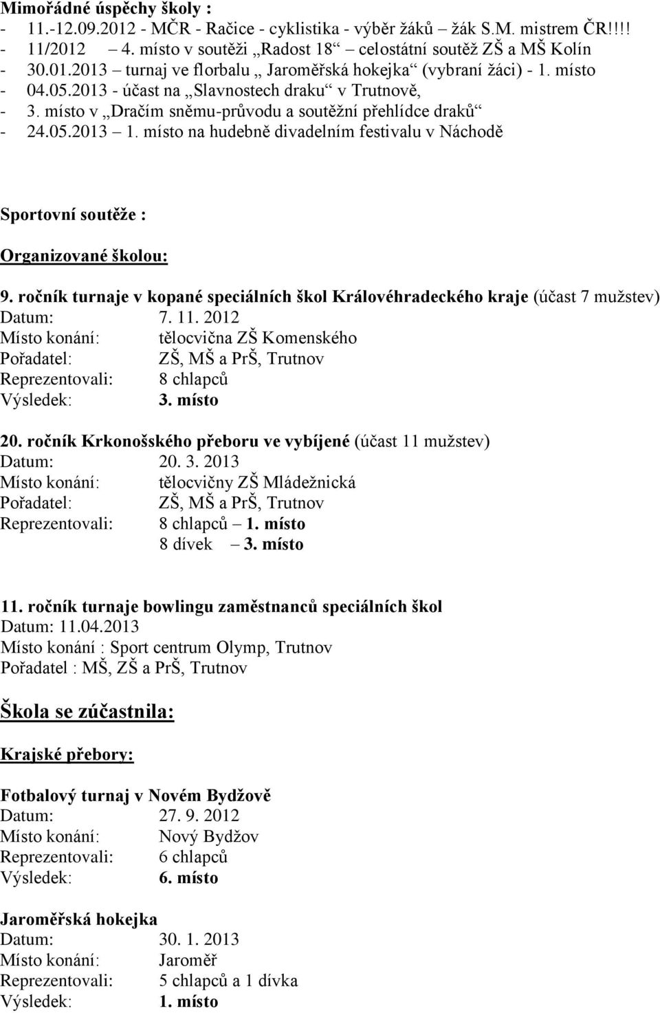 místo na hudebně divadelním festivalu v Náchodě Sportovní soutěže : Organizované školou: 9. ročník turnaje v kopané speciálních škol Královéhradeckého kraje (účast 7 mužstev) Datum: 7. 11.