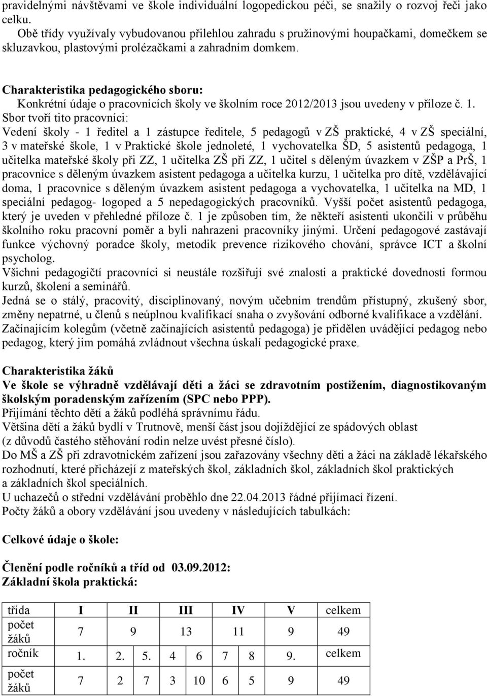 Charakteristika pedagogického sboru: Konkrétní údaje o pracovnících školy ve školním roce 2012/2013 jsou uvedeny v příloze č. 1.