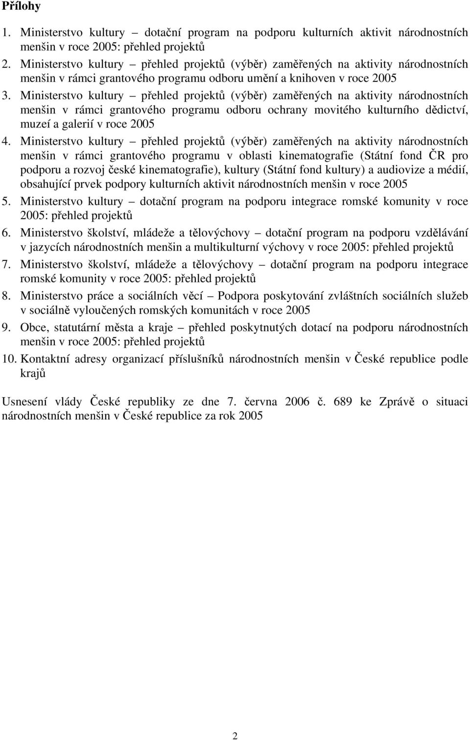 Ministerstvo kultury přehled projektů (výběr) zaměřených na aktivity národnostních menšin v rámci grantového programu odboru ochrany movitého kulturního dědictví, muzeí a galerií v roce 2005 4.