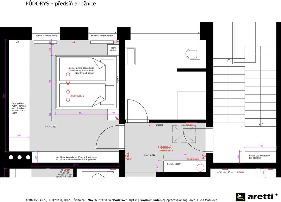 stolek 400 3 tapeta 160 s.v.= 2360 zrcadlo el. rozvod 700 1100 stropní světlo 1 390 zavěšená komoda hl. 38cm + 2 knihovny hl.