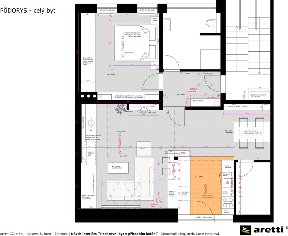 rozvod 700 1100 stropní světlo 1 390 zavěšená komoda hl. 38cm + 2 knihovny hl. 27cm, nad nimi snížený SDK podhled 1 5,6? s.v.= 2380 1480 hasicí přístroj 1 400 botník uzamykatelný DO CHODBY 3040 400 botník, věšáky odtahy skříňky hl.