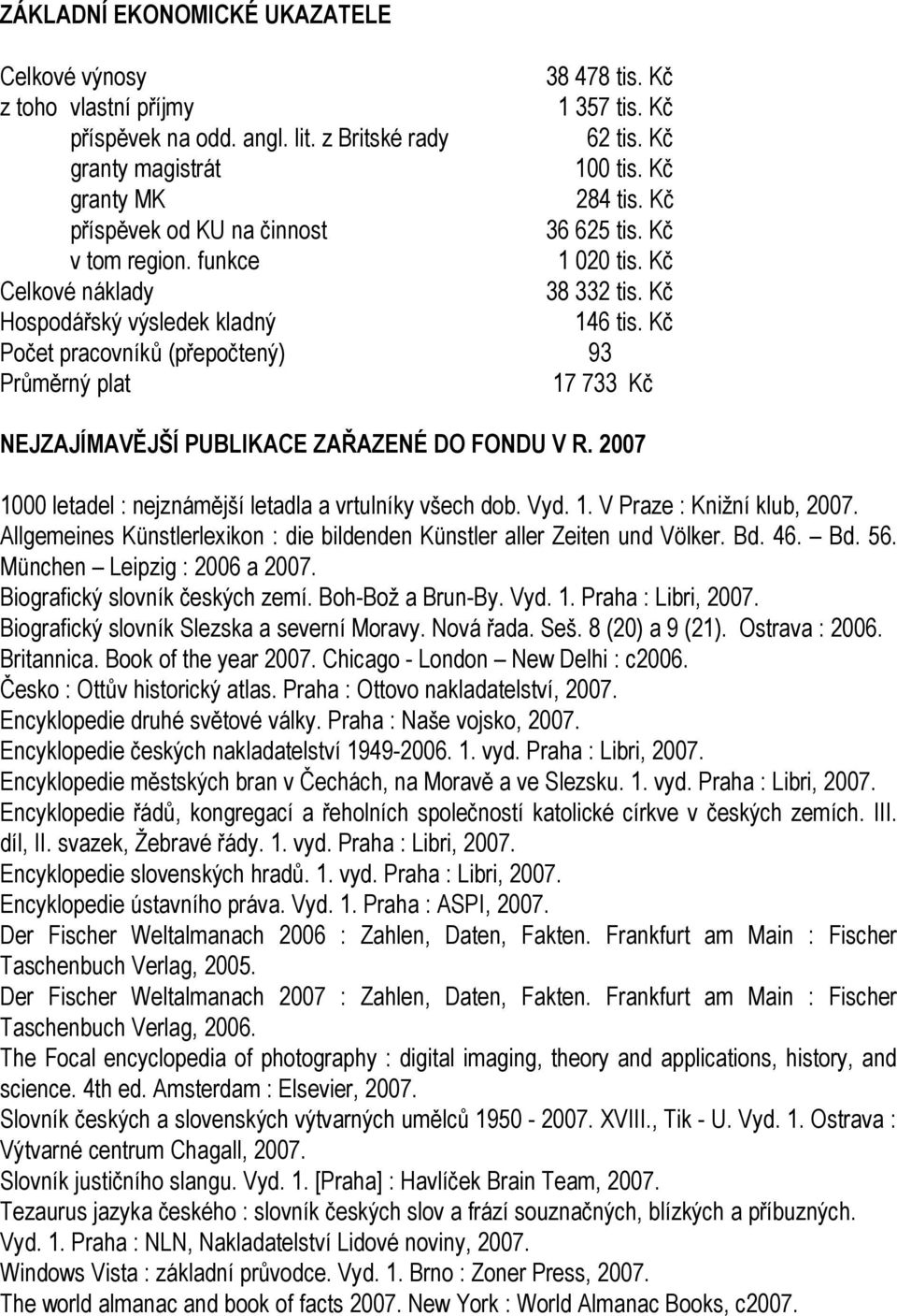 Kč 146 tis. Kč 93 17 733 Kč NEJZAJÍMAVĚJŠÍ PUBLIKACE ZAŘAZENÉ DO FONDU V R. 2007 1000 letadel : nejznámější letadla a vrtulníky všech dob. Vyd. 1. V Praze : Knižní klub, 2007.