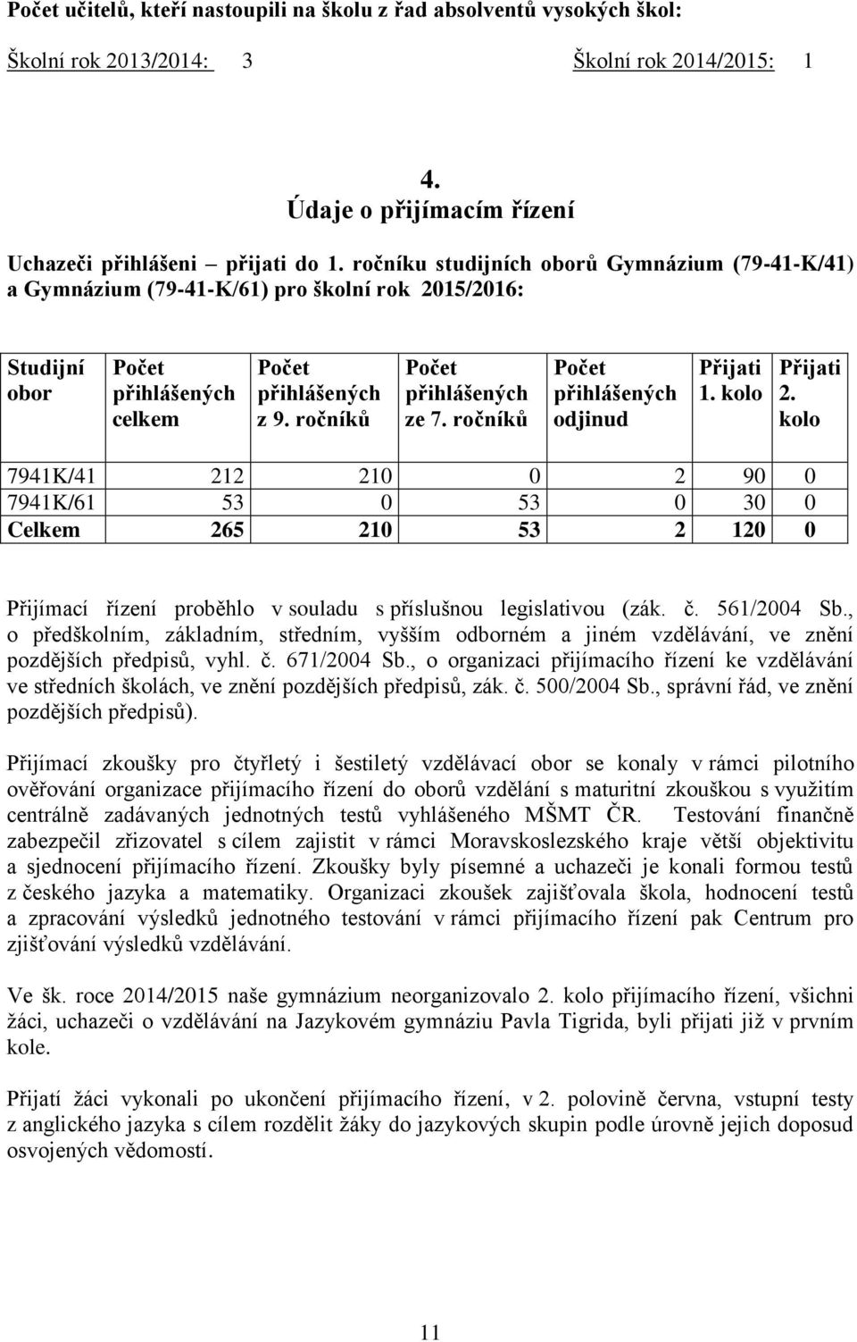 ročníků Počet přihlášených odjinud Přijati 1. kolo Přijati 2.