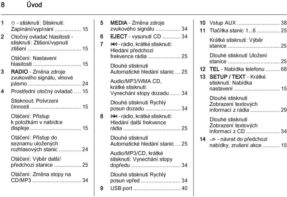 .. 15 Otáčení: Přístup do seznamu uložených rozhlasových stanic... 24 Otáčení: Výběr další/ předchozí stanice... 25 Otáčení: Změna stopy na CD/MP3... 34 5 MEDIA - Změna zdroje zvukového signálu.