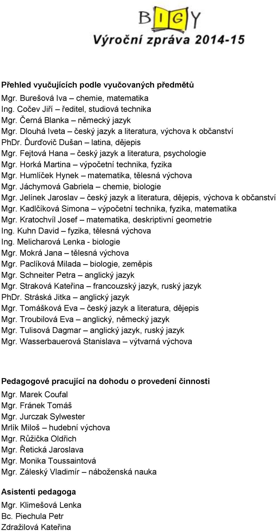 Horká Martina výpočetní technika, fyzika Mgr. Humlíček Hynek matematika, tělesná výchova Mgr. Jáchymová Gabriela chemie, biologie Mgr.