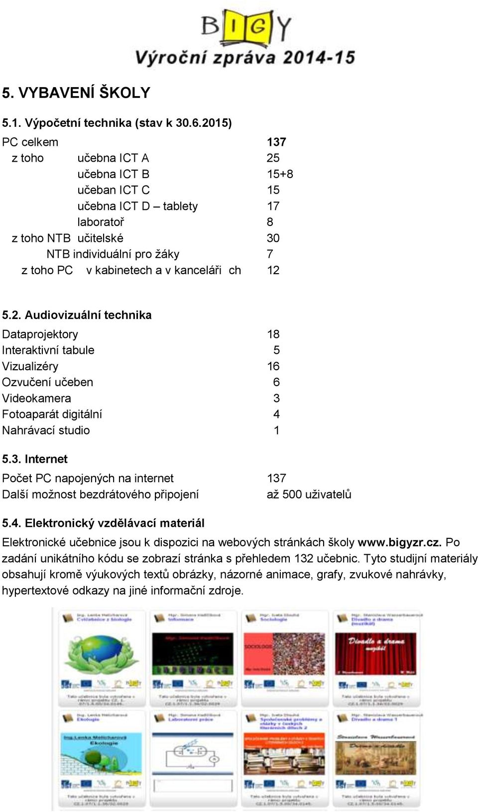 kanceláři ch 12 5.2. Audiovizuální technika Dataprojektory 18 Interaktivní tabule 5 Vizualizéry 16 Ozvučení učeben 6 Videokamera 3 