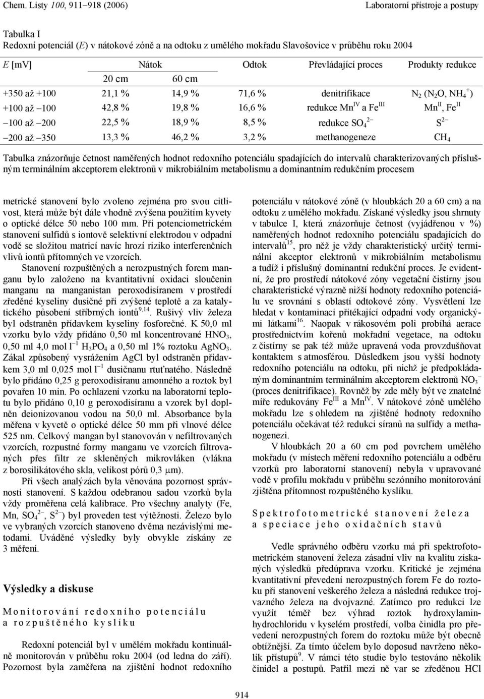 methanogeneze CH 4 Tabulka znázorňuje četnost naměřených hodnot redoxního potenciálu spadajících do intervalů charakterizovaných příslušným terminálním akceptorem elektronů v mikrobiálním metabolismu