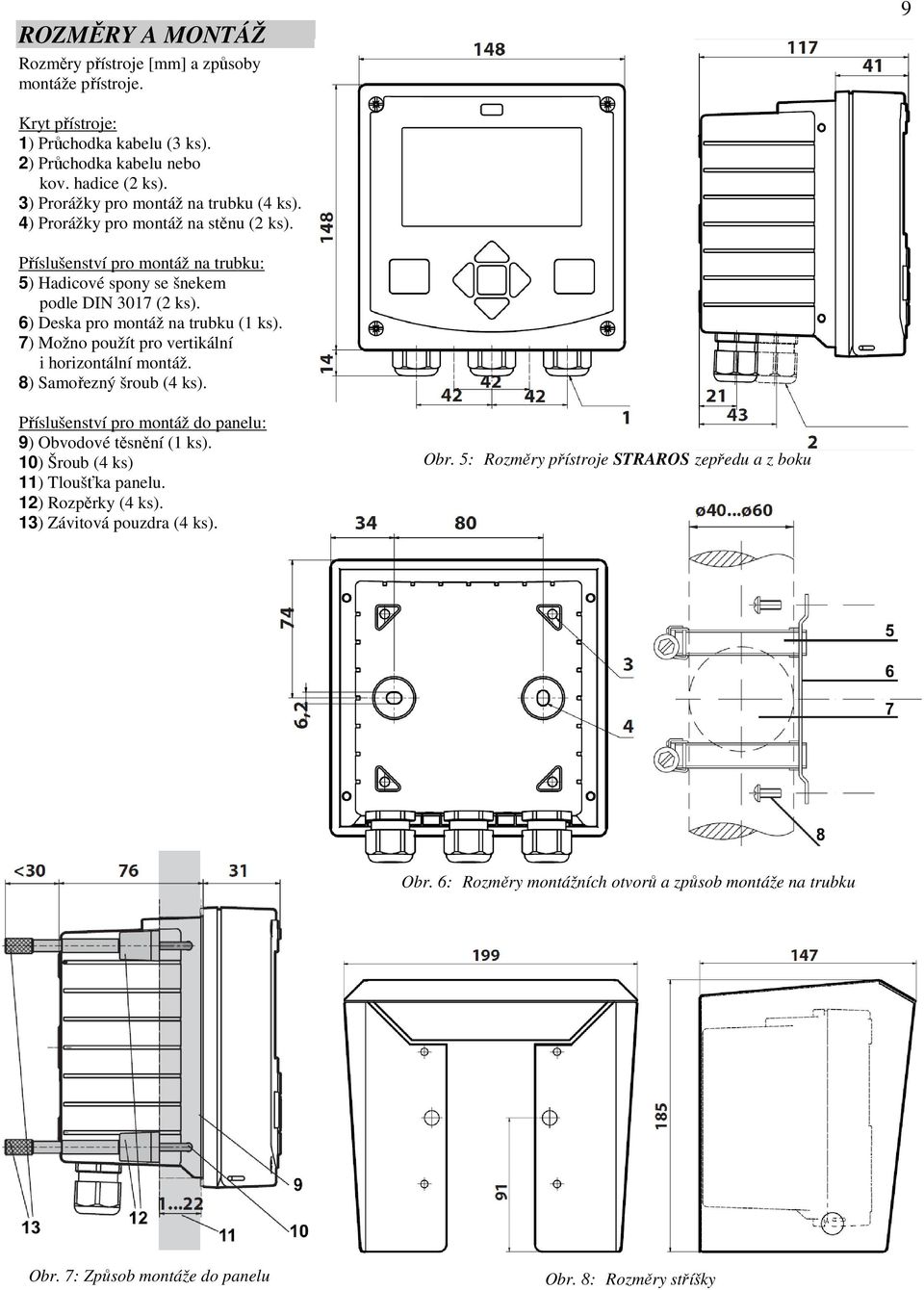 6) Deska pro montáž na trubku (1 ks). 7) Možno použít pro vertikální i horizontální montáž. 8) Samořezný šroub (4 ks). Příslušenství pro montáž do panelu: 9) Obvodové těsnění (1 ks).