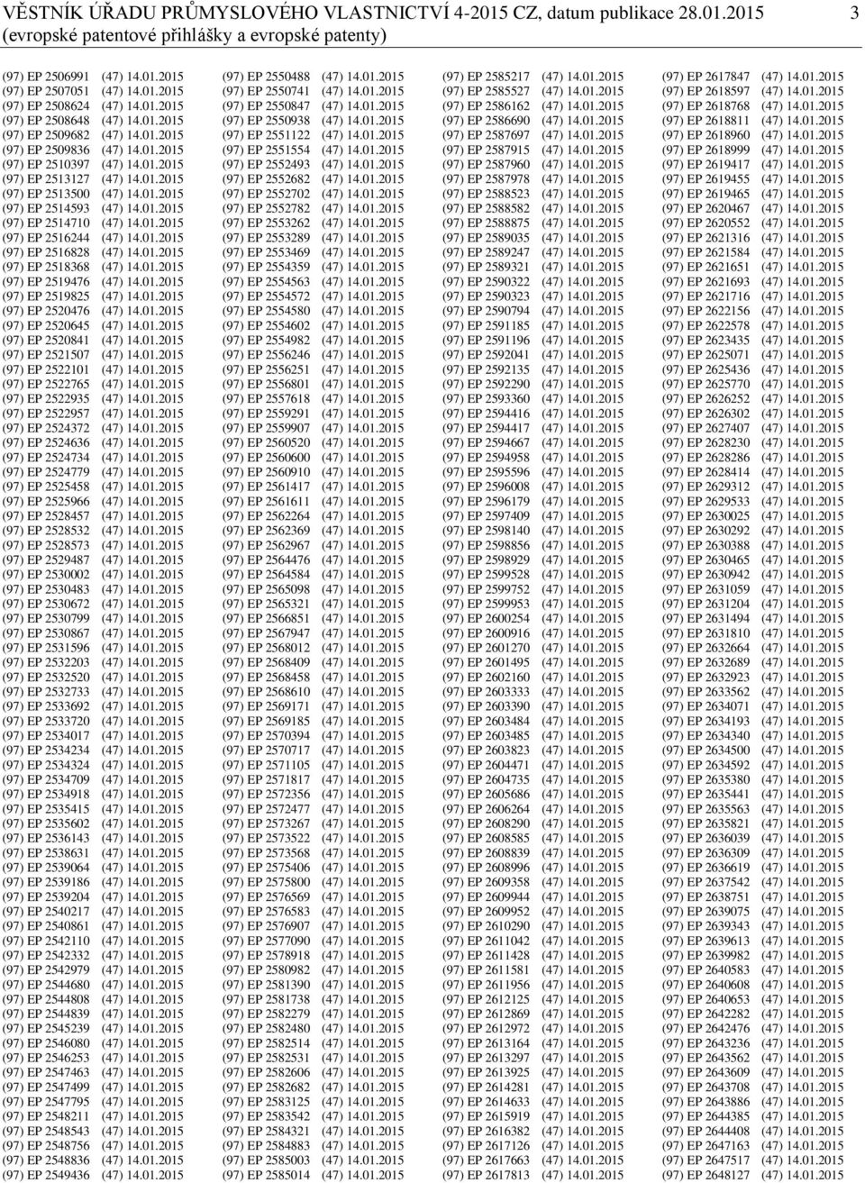 01.2015 (97) EP 2514710 (47) 14.01.2015 (97) EP 2516244 (47) 14.01.2015 (97) EP 2516828 (47) 14.01.2015 (97) EP 2518368 (47) 14.01.2015 (97) EP 2519476 (47) 14.01.2015 (97) EP 2519825 (47) 14.01.2015 (97) EP 2520476 (47) 14.