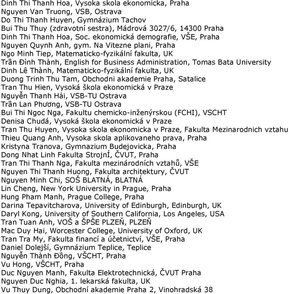 Na Vitezne plani, Praha Ngo Minh Tiep, Matematicko-fyzikální fakulta, UK Trần ðình Thành, English for Business Administration, Tomas Bata University Dinh Lê Thành, Matematicko-fyzikální fakulta, UK