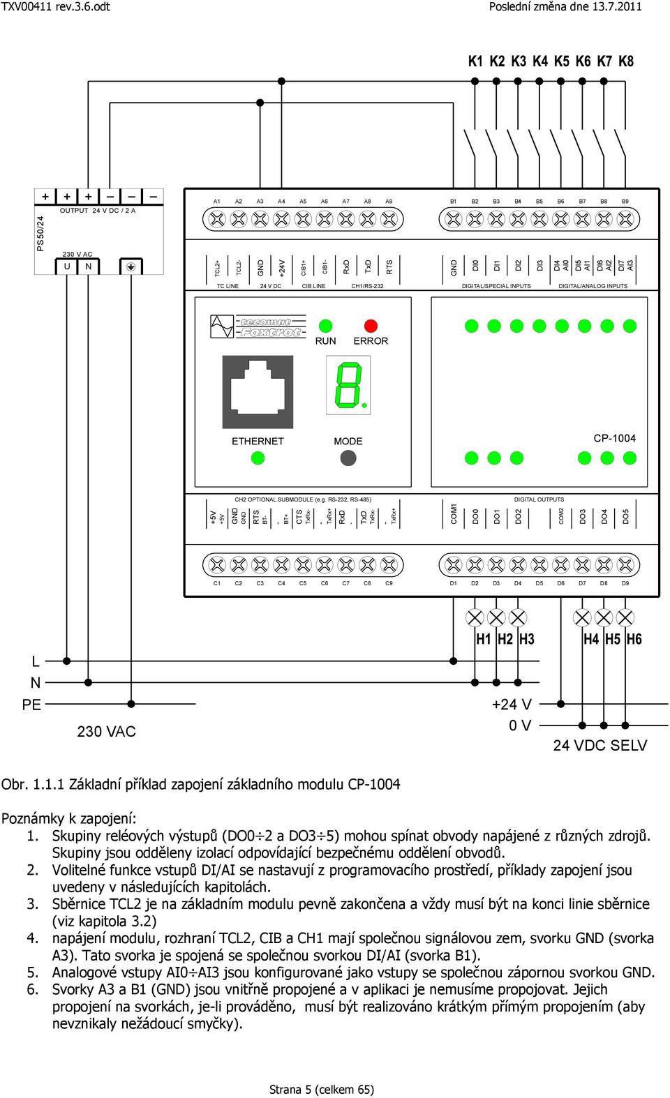 RS232, RS485) DIGITAL OUTPUTS +5V +5V BT+ RxD RTS BT CTS TxRx TxD TxRx COM1 DO0 DO1 DO2 COM2 DO3 DO4 DO5 C1 C2 C3 C4 C5 C6 C7 C8 C9 D1 D2 D3 D4 D5 D6 D7 D8 D9 L N PE 230 VAC +24 V 0 V 24 VDC SELV Obr.