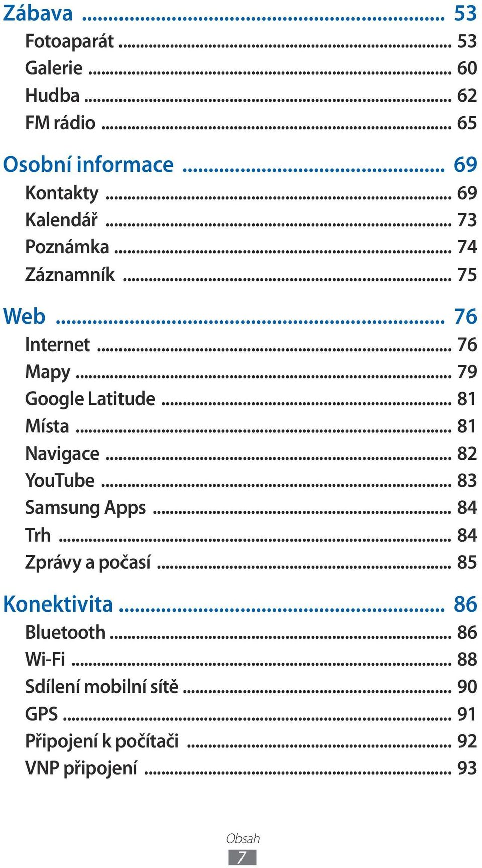 .. 8 Místa... 8 Navigace... 82 YouTube... 83 Samsung Apps... 84 Trh... 84 Zprávy a počasí... 85 Konektivita.