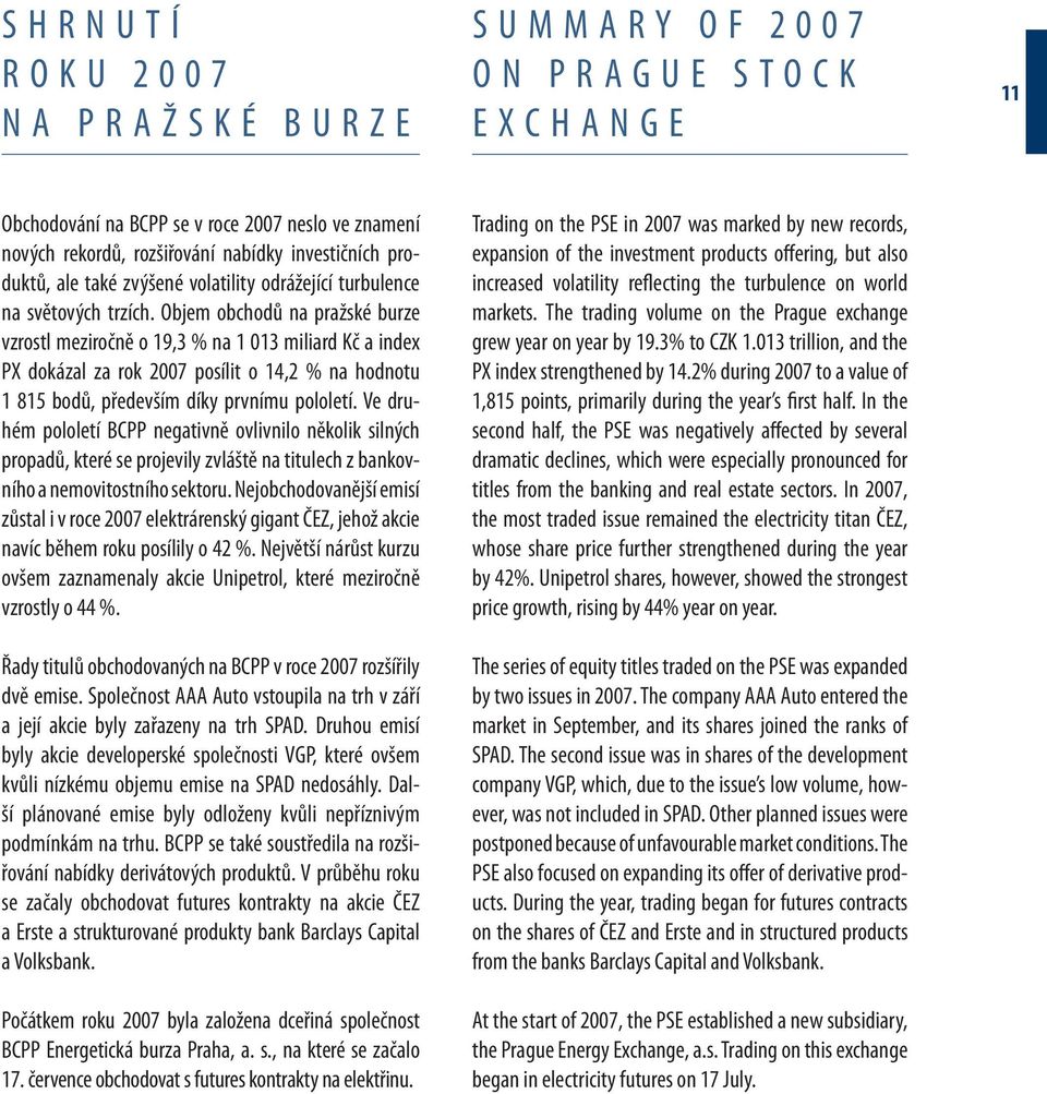 Objem obchodů na pražské burze vzrostl meziročně o 19,3 % na 1 013 miliard Kč a index PX dokázal za rok 2007 posílit o 14,2 % na hodnotu 1 815 bodů, především díky prvnímu pololetí.