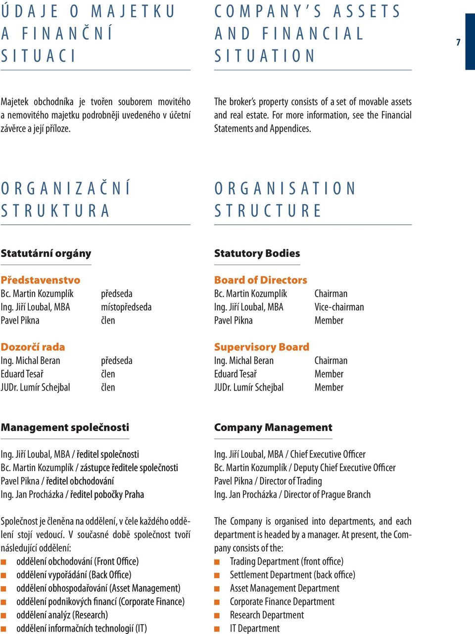 O R G A N I Z A Č N Í S T R U K T U R A O R G A N I S A T I O N S T R U C T U R E Statutární orgány Statutory Bodies Představenstvo Bc. Martin Kozumplík Ing.