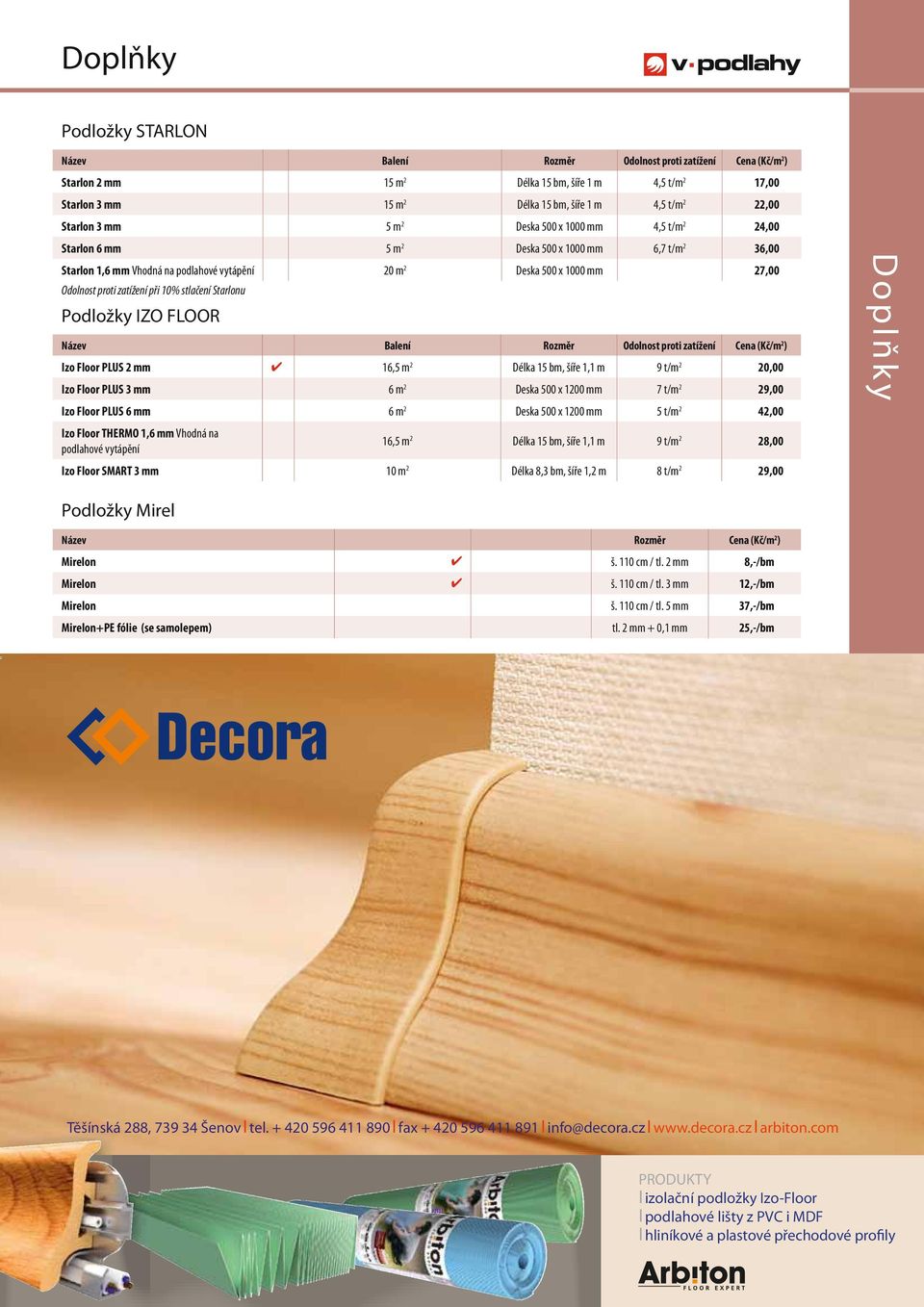 zatížení při 10% stlačení Starlonu Podložky IZO FLOOR Název Balení Rozměr Odolnost proti zatížení Cena (Kč/m 2 ) Izo Floor PLUS 2 mm 16,5 m 2 Délka 15 bm, šíře 1,1 m 9 t/m 2 20,00 Izo Floor PLUS 3 mm