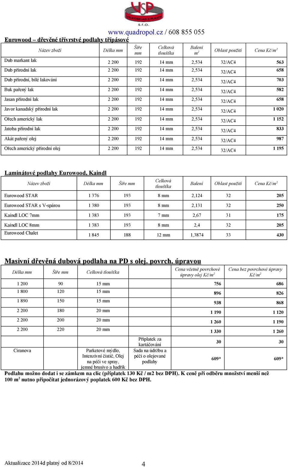 Akát pařený olej 2 200 192 14 2,534 987 658 703 582 658 1 020 833 Ořech aerický přírodní olej 2 200 192 14 2,534 1 195 Lainátové podlahy Eurowood, Kaindl zboží Délka tloušťka Kč/ 2 Eurowood STAR 1