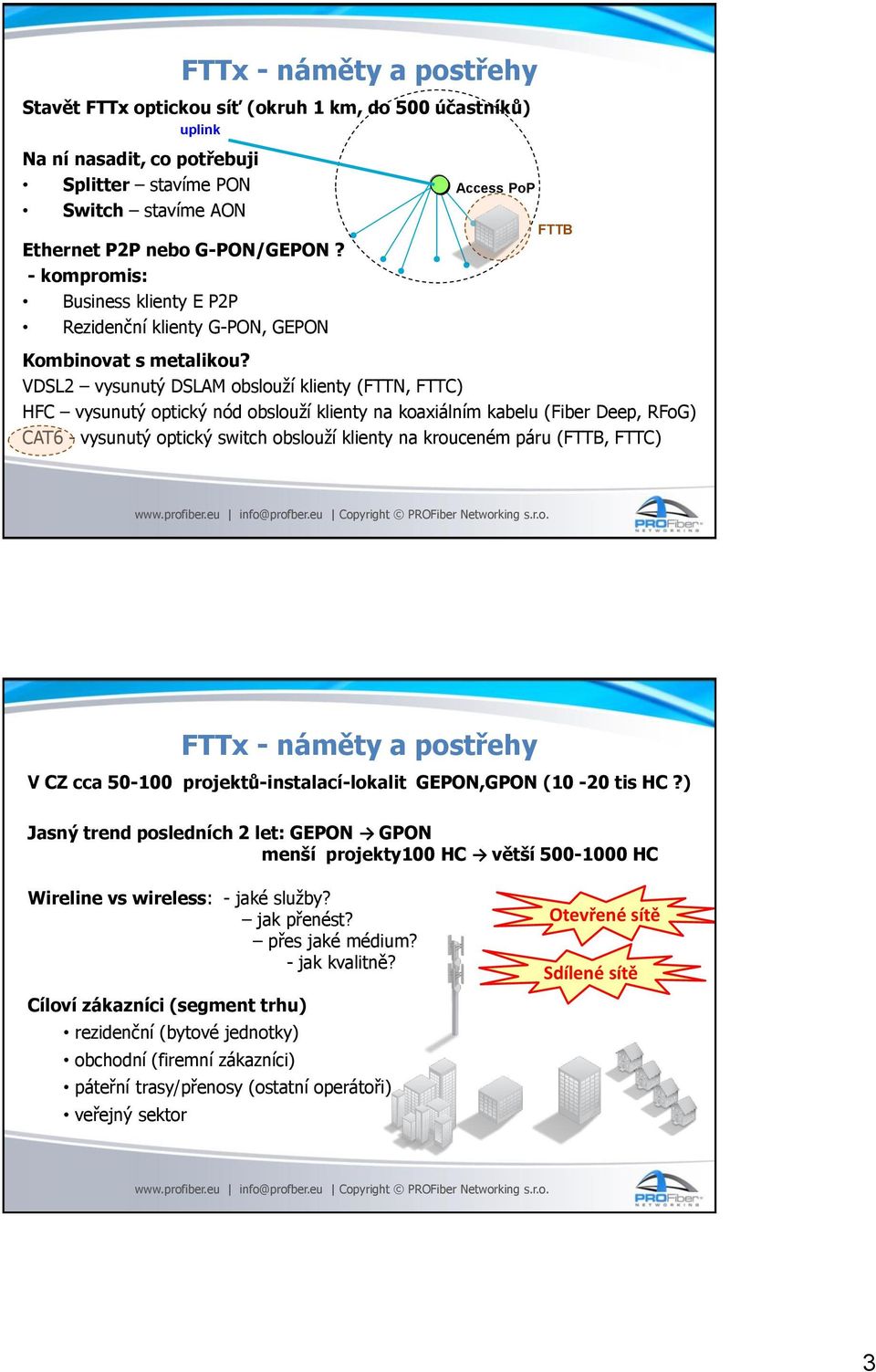 VDSL2 vysunutý DSLAM obslouží klienty (FTTN, FTTC) HFC vysunutý optický nód obslouží klienty na koaxiálním kabelu (Fiber Deep, RFoG) CAT6 - vysunutý optický switch obslouží klienty na krouceném páru