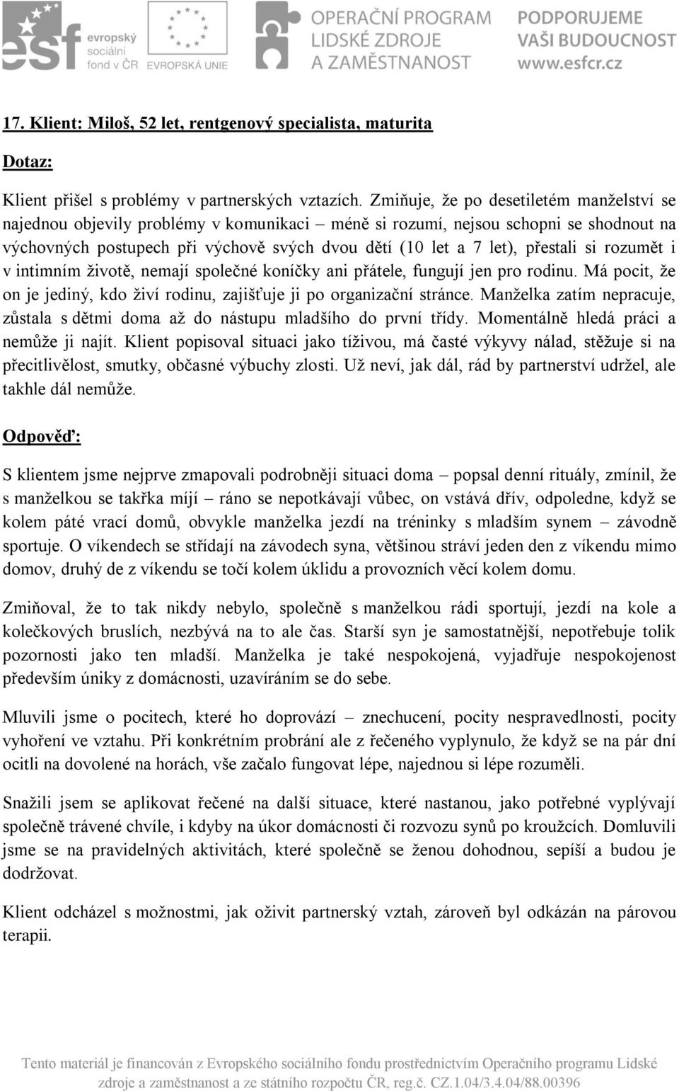 přestali si rozumět i v intimním životě, nemají společné koníčky ani přátele, fungují jen pro rodinu. Má pocit, že on je jediný, kdo živí rodinu, zajišťuje ji po organizační stránce.