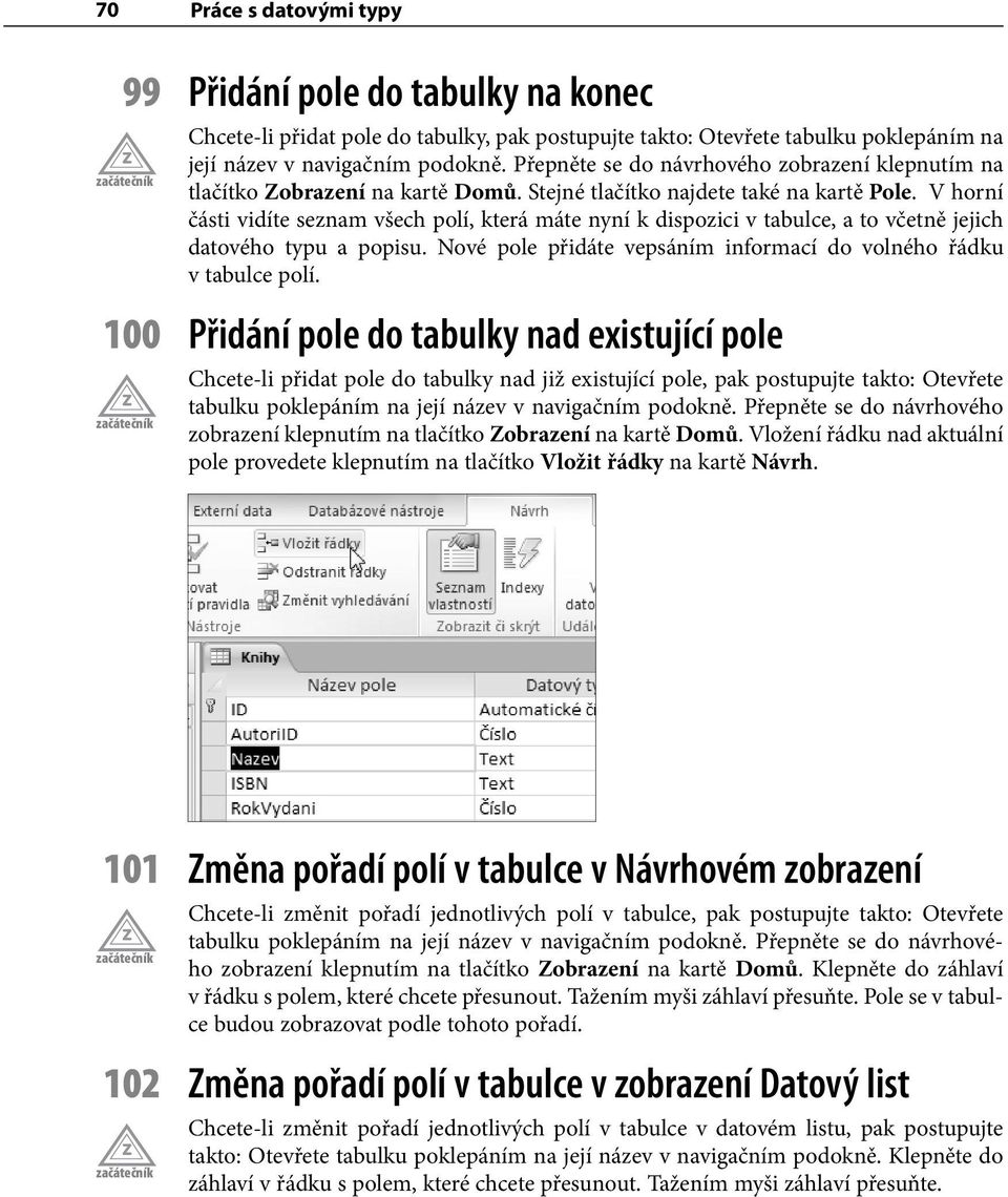 V horní části vidíte seznam všech polí, která máte nyní k dispozici v tabulce, a to včetně jejich datového typu a popisu. Nové pole přidáte vepsáním informací do volného řádku v tabulce polí.