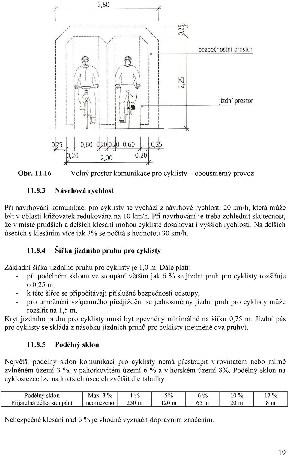 Při navrhování je třeba zohlednit skutečnost, že v místě prudších a delších klesání mohou cyklisté dosahovat i vyšších rychlostí.