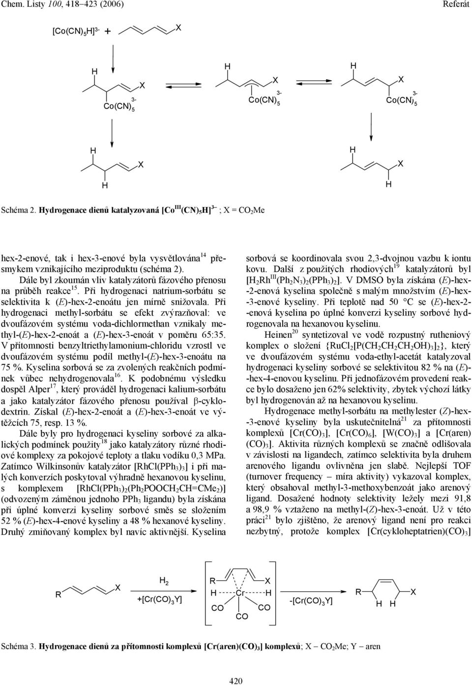 Dále byl zkoumán vliv katalyzátorů fázového přenosu na průběh reakce 15. Při hydrogenaci natrium-sorbátu se selektivita k (E)-hex-2-enoátu jen mírně snižovala.