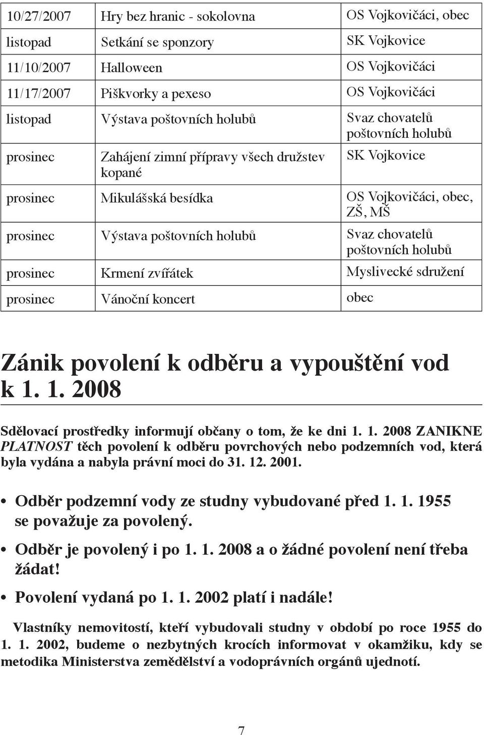 poštovních holubů Svaz chovatelů poštovních holubů prosinec Krmení zvířátek Myslivecké sdružení prosinec Vánoční koncert obec Zánik povolení k odběru a vypouštění vod k 1.