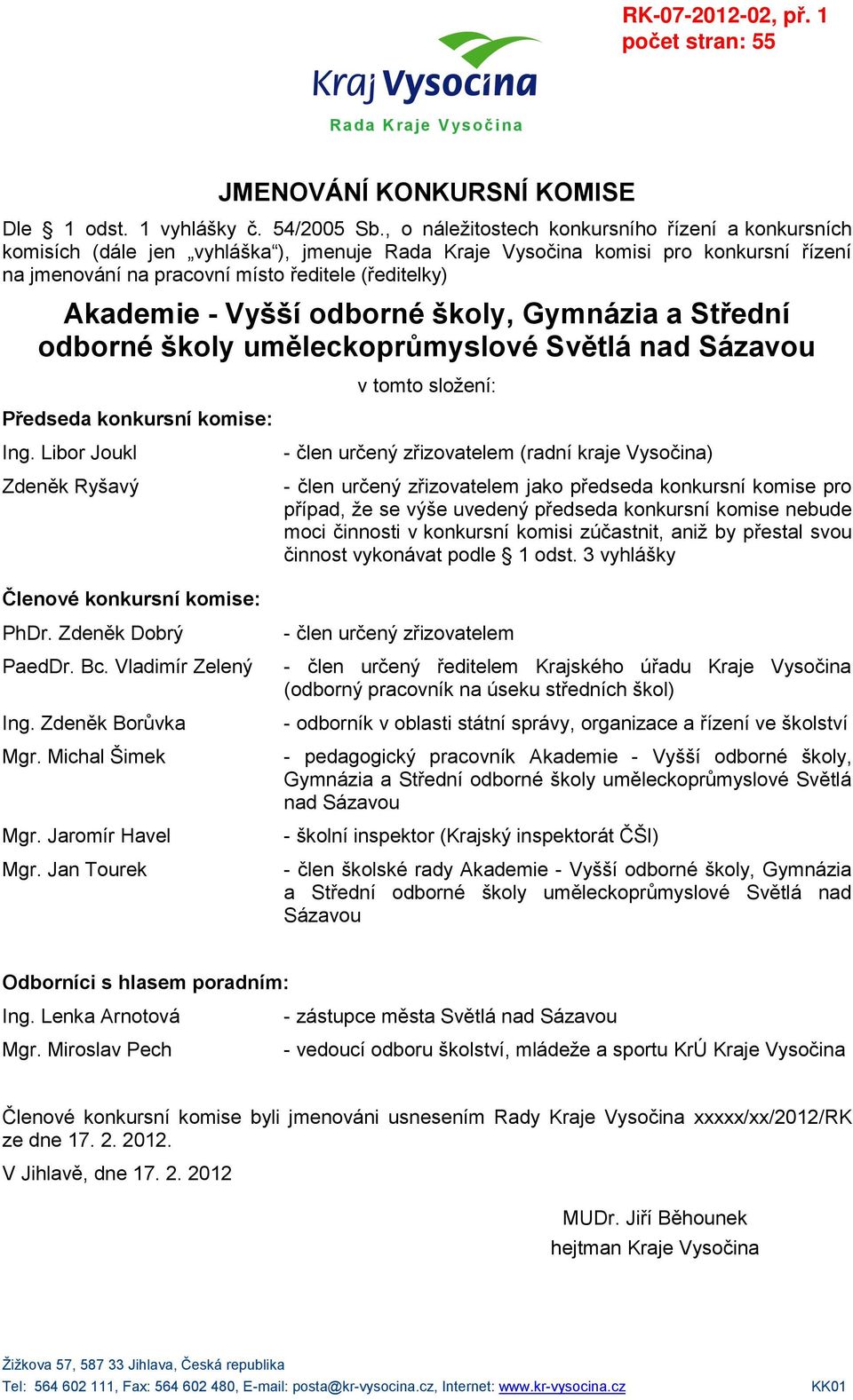 Libor Joukl Zdeněk Ryšavý PhDr. Zdeněk Dobrý PaedDr. Bc. Vladimír Zelený Ing. Zdeněk Borůvka Mgr. Michal Šimek Mgr. Jaromír Havel Mgr.