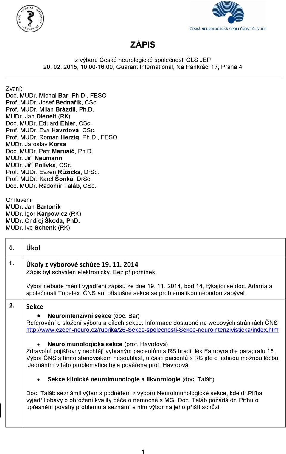 D. MUDr. Jiří Neumann MUDr. Jiří Polívka, CSc. Prof. MUDr. Evžen Růžička, DrSc. Prof. MUDr. Karel Šonka, DrSc. Doc. MUDr. Radomír Taláb, CSc. Omluveni: MUDr. Jan Bartoník MUDr.