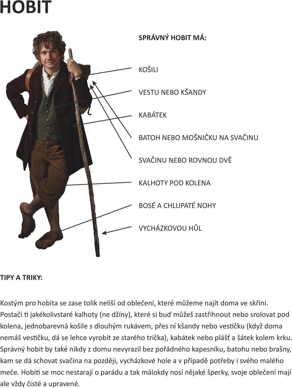 Postačí ti jakékolivstaré kalhoty (ne džíny), které si buď můžeš zastřihnout nebo srolovat pod kolena, jednobarevná košile s dlouhým rukávem, přes ní kšandy nebo vestičku (když doma nemáš vestičku,