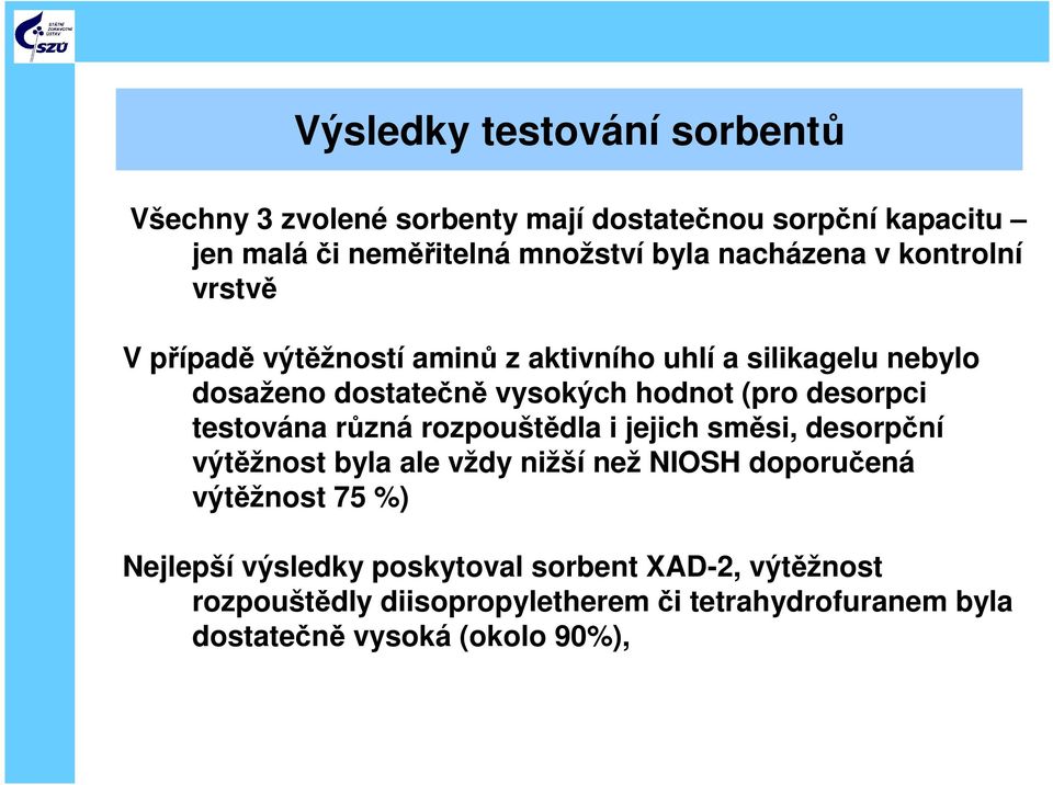 desorpci testována různá rozpouštědla i jejich směsi, desorpční výtěžnost byla ale vždy nižší než NIOSH doporučená výtěžnost 75 %)