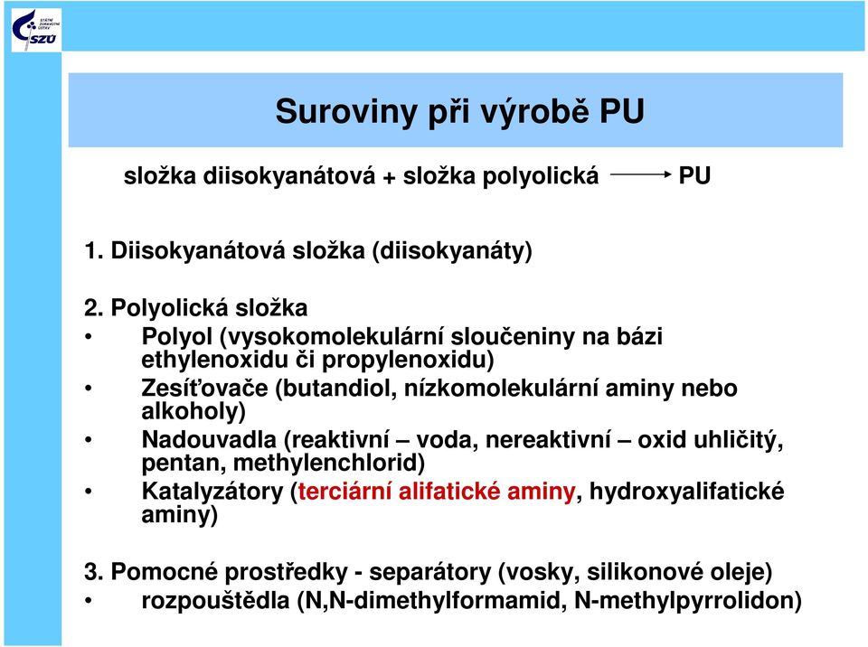 nízkomolekulární aminy nebo alkoholy) Nadouvadla (reaktivní voda, nereaktivní oxid uhličitý, pentan, methylenchlorid) Katalyzátory