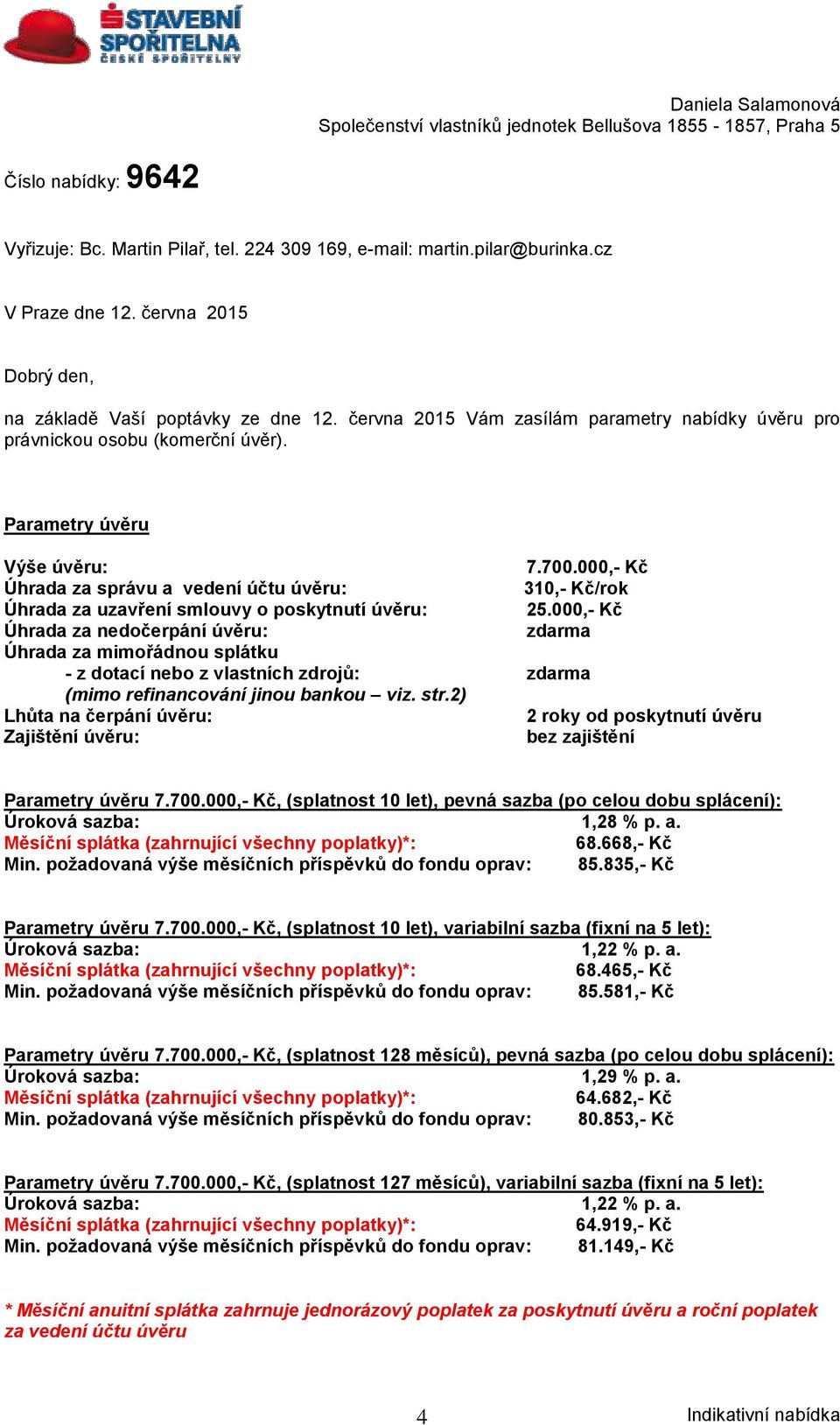 000,- Kč Úhrada za správu a vedení účtu úvěru: 310,- Kč/rok Úhrada za uzavření smlouvy o poskytnutí úvěru: 25.