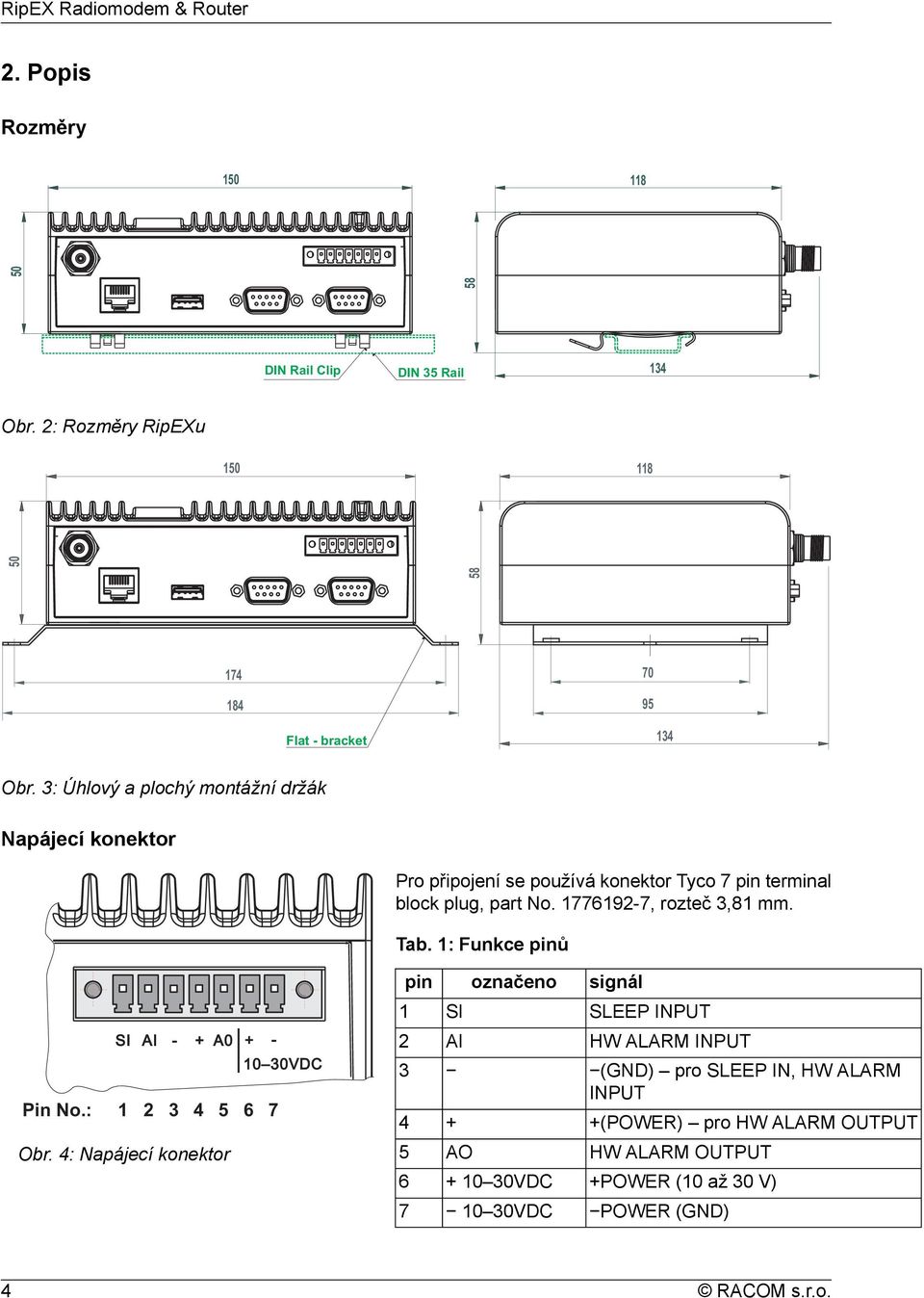 1776192-7, rozteč 3,81 mm. Tab. 1: Funkce pinů pin označeno signál 1 SI SLEEP INPUT SI AI - + A0 + - Pin No.