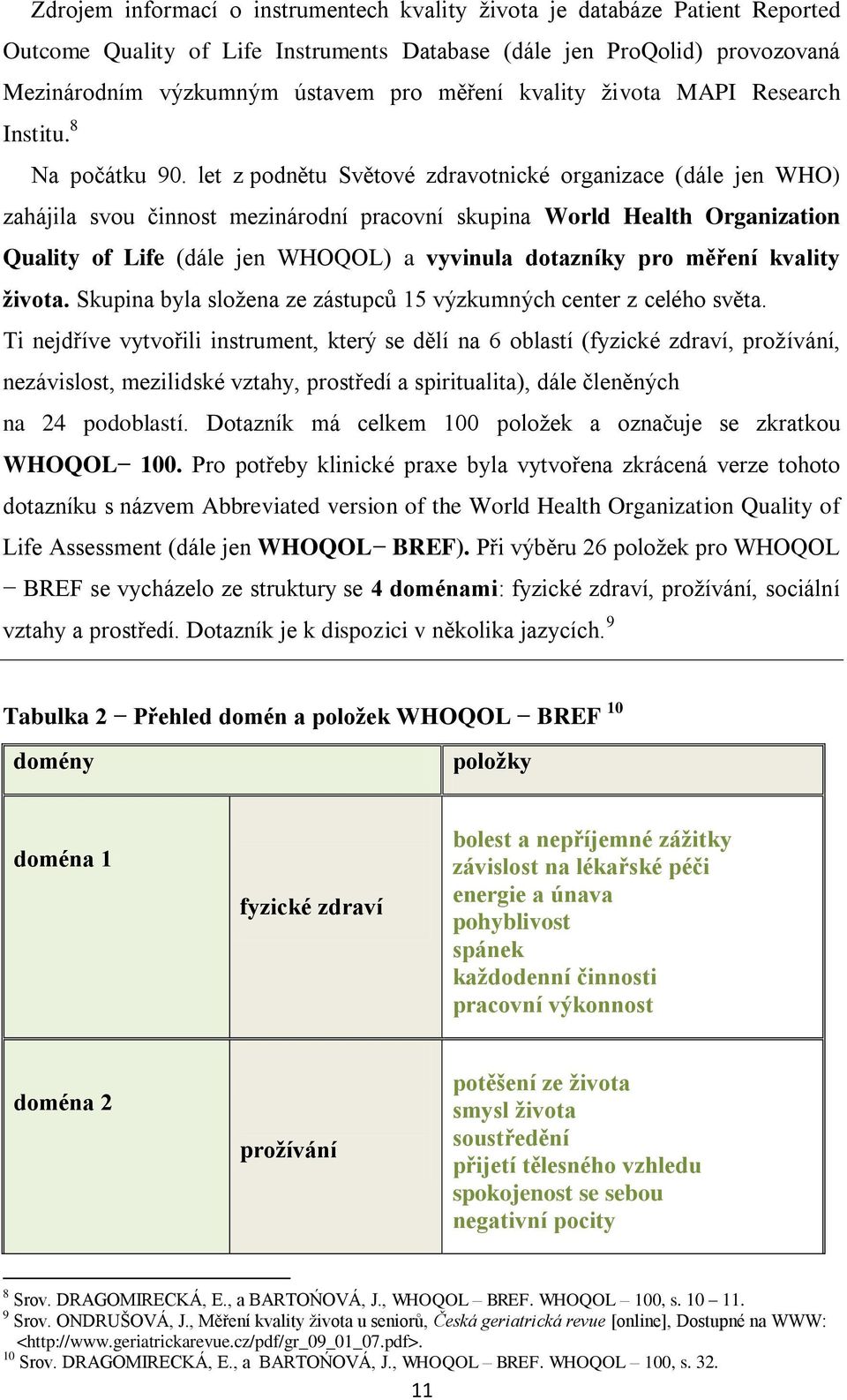 let z podnětu Světové zdravotnické organizace (dále jen WHO) zahájila svou činnost mezinárodní pracovní skupina World Health Organization Quality of Life (dále jen WHOQOL) a vyvinula dotazníky pro