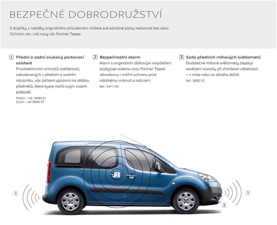 Prostřednictvím snímačů vzdálenosti, zabudovaných v předním a zadním nárazníku, vás zařízení upozorní na většinu předmětů, které byste mohli svým vozem poškodit. Přední ref.