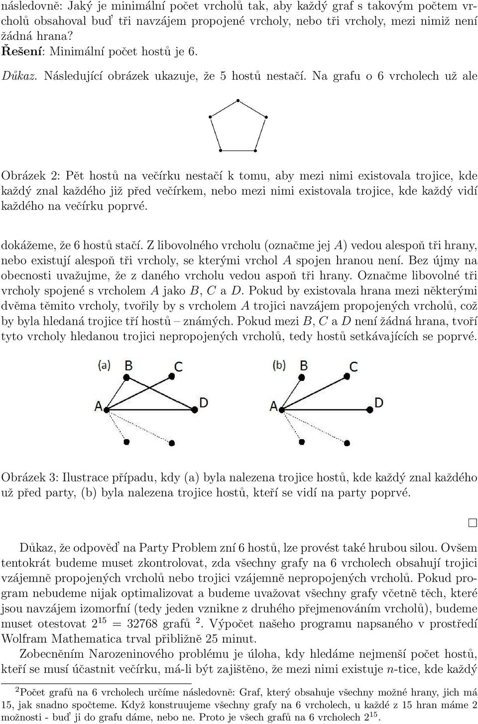 Na grafu o 6 vrcholech už ale Obrázek 2: Pět hostů na večírku nestačí k tomu, aby mezi nimi existovala trojice, kde každý znal každého již před večírkem, nebo mezi nimi existovala trojice, kde každý