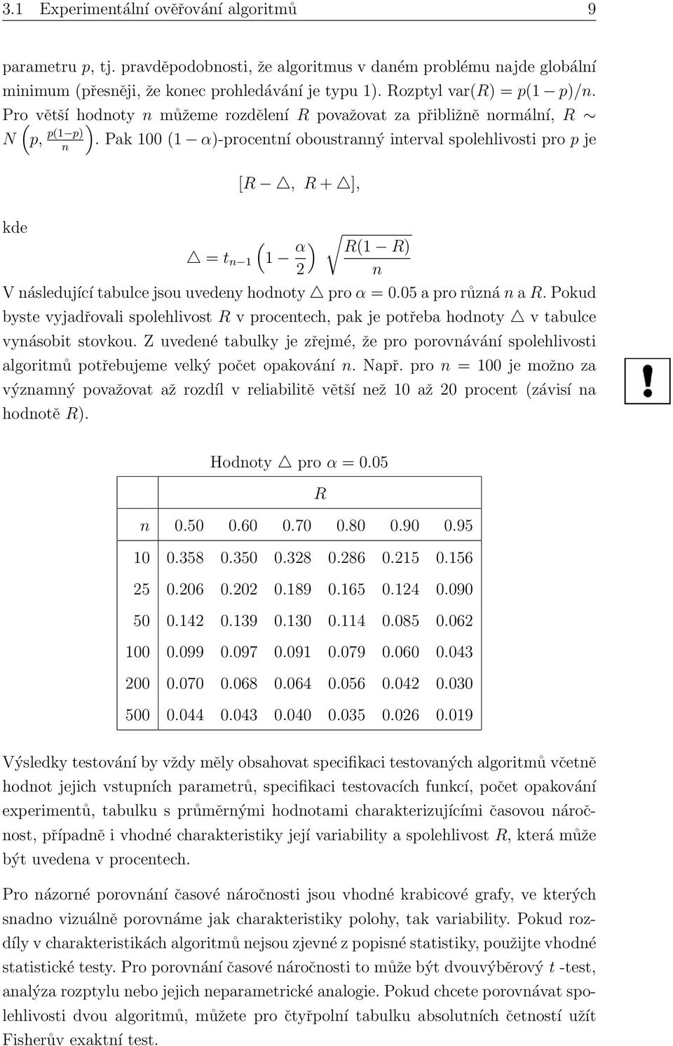 Pak 100 (1 α)-procentní oboustranný interval spolehlivosti pro p je p, p(1 p) n [R, R + ], kde ( = t n 1 1 α ) R(1 R) 2 n V následující tabulce jsou uvedeny hodnoty pro α = 0.05 a pro různá n a R.