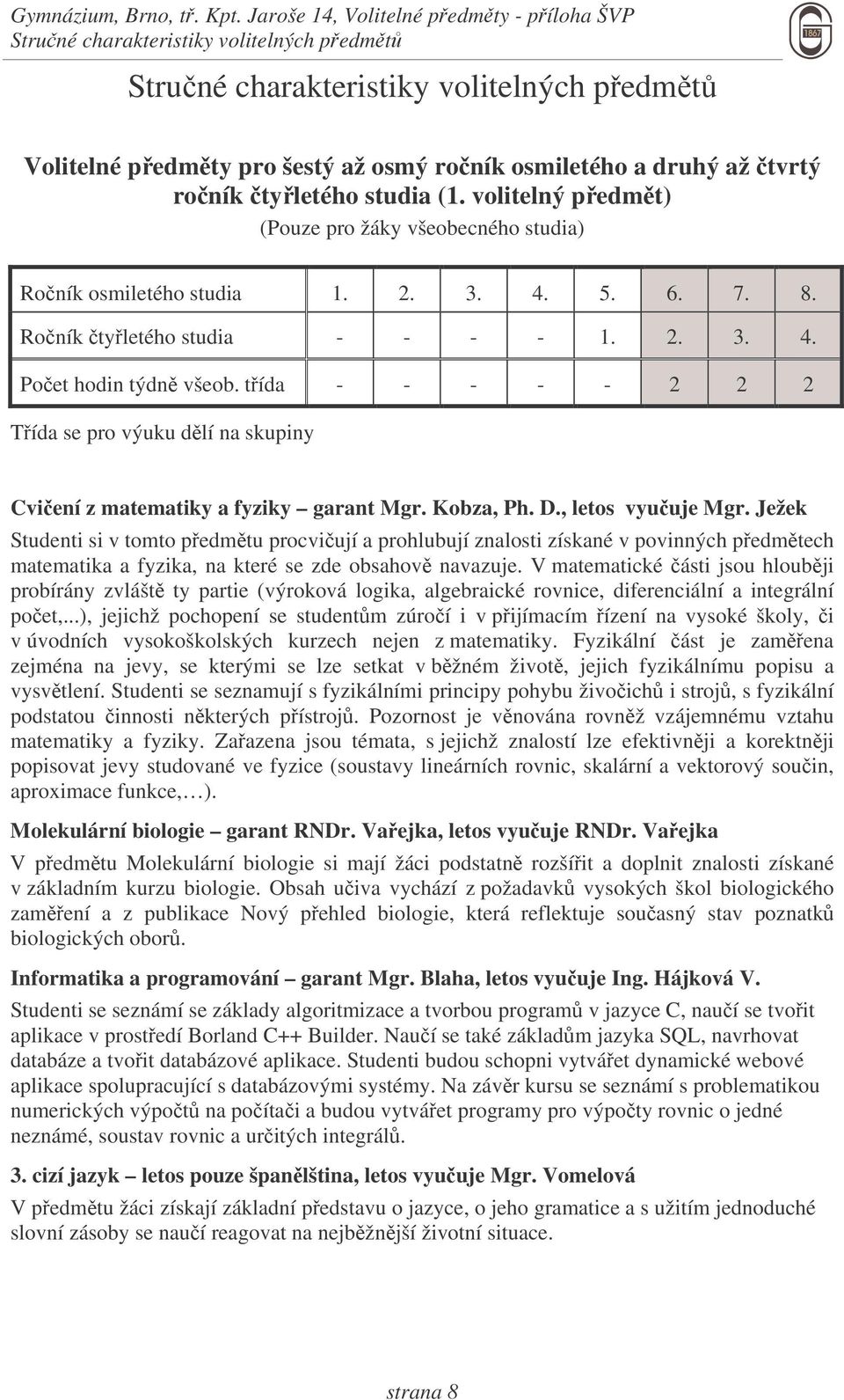 tyletého studia (1. volitelný pedmt) (Pouze pro žáky všeobecného studia) Roník osmiletého studia 1. 2. 3. 4. 5. 6. 7. 8. Roník tyletého studia - - - - 1. 2. 3. 4. Poet hodin týdn všeob.