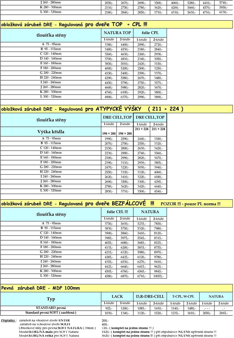 !! tloušťka stěny NATURA TOP folie CPL 1-křídlé 2-křídlé 1-křídlé 2-křídlé A 75-95mm 3380,- 4400,- 2090,- 2720,- B 95-115mm 3480,- 4530,- 2180,- 2840,- C 120-140mm 3560,- 4630,- 2260,- 2938,- D