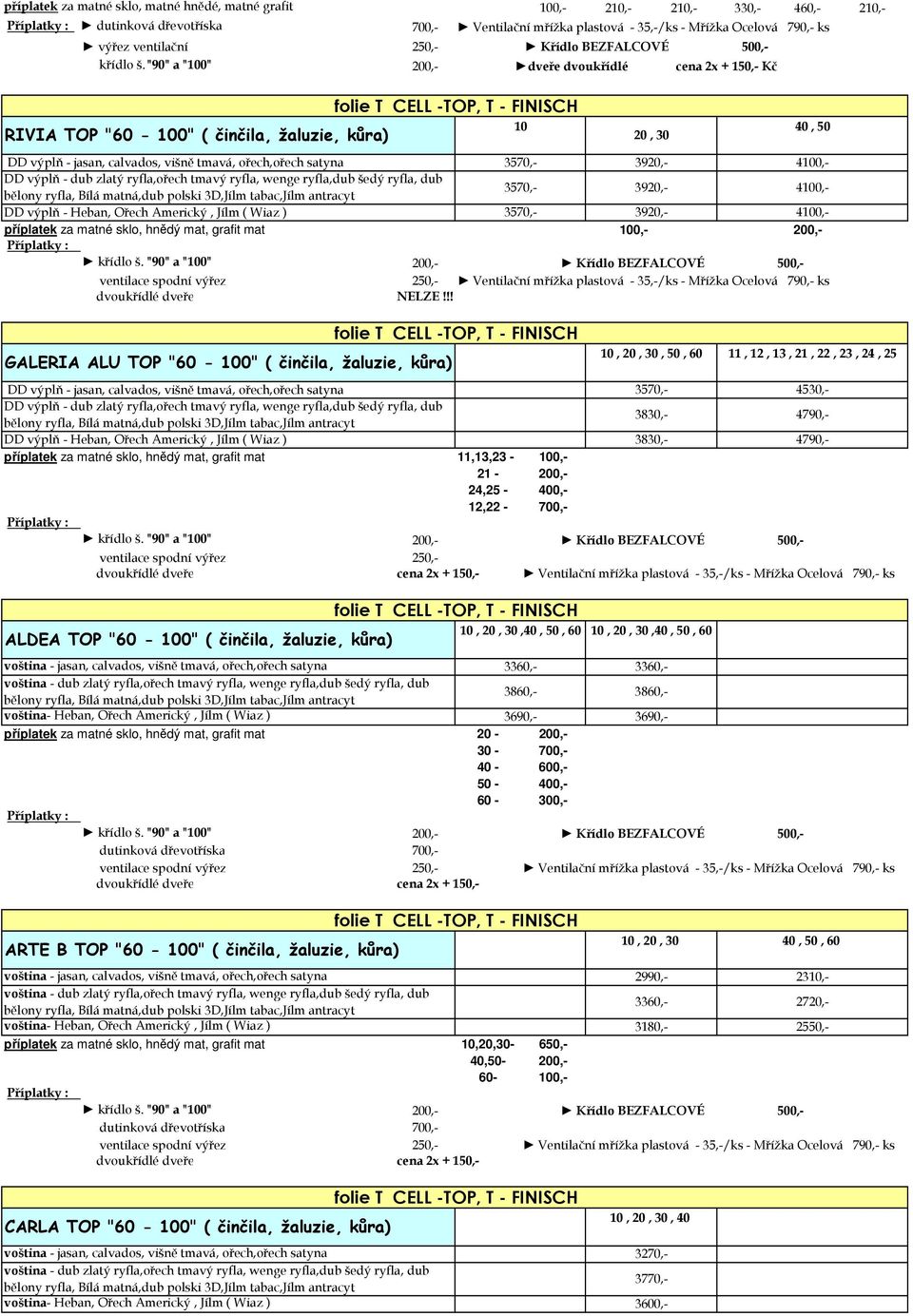 tabac,jílm antracyt 3570,- 3920,- 4100,- DD výplň - Heban, Ořech Americký, Jílm ( Wiaz ) 3570,- 3920,- 4100,- příplatek za matné sklo, hnědý mat, grafit mat 100,- 200,- Příplatky : dvoukřídlé dveře