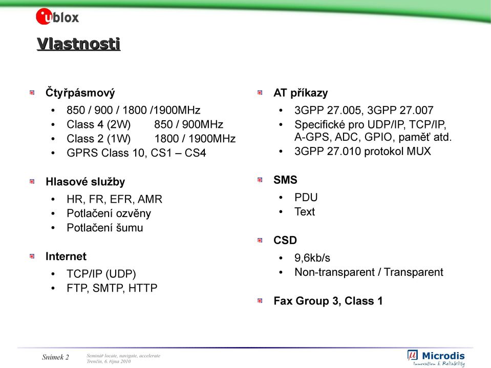 SMTP, HTTP AT příkazy 3GPP 27.005, 3GPP 27.007 Specifické pro UDP/IP, TCP/IP, A-GPS, ADC, GPIO, paměť atd.