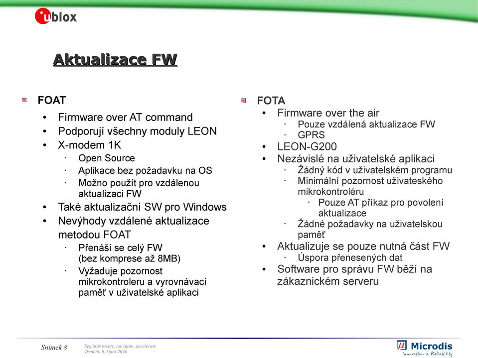 Firmware over the air Pouze vzdálená aktualizace FW GPRS LEON-G200 Nezávislé na uživatelské aplikaci Žádný kód v uživatelském programu Minimální pozornost uživateského mikrokontroléru