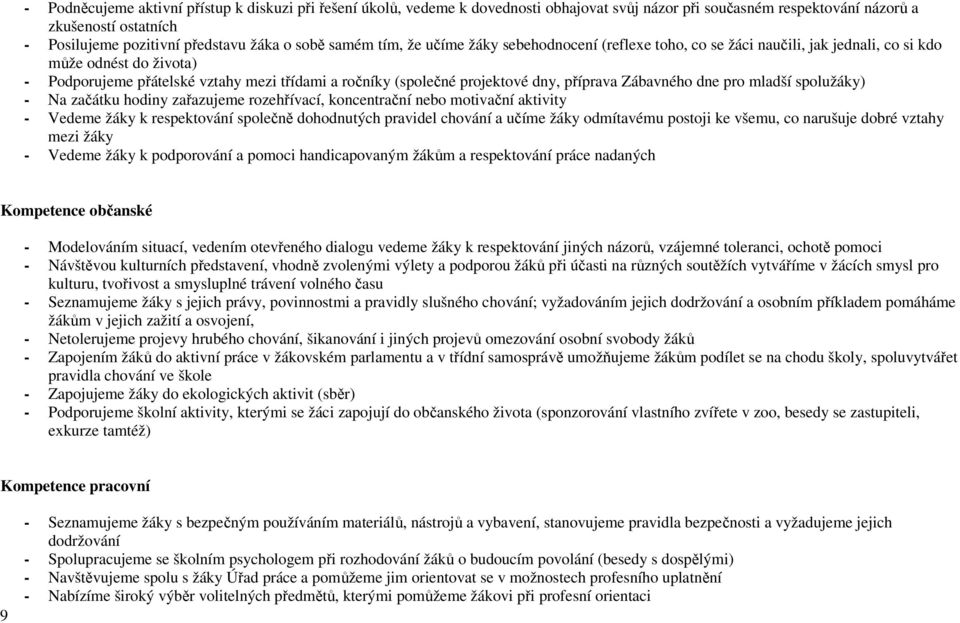 dny, příprava Zábavného dne pro mladší spolužáky) - Na začátku hodiny zařazujeme rozehřívací, koncentrační nebo motivační aktivity - Vedeme žáky k respektování společně dohodnutých pravidel chování a