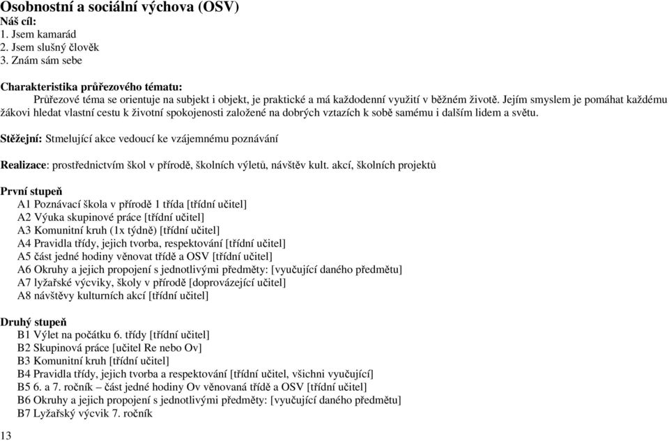 Jejím smyslem je pomáhat každému žákovi hledat vlastní cestu k životní spokojenosti založené na dobrých vztazích k sobě samému i dalším lidem a světu.